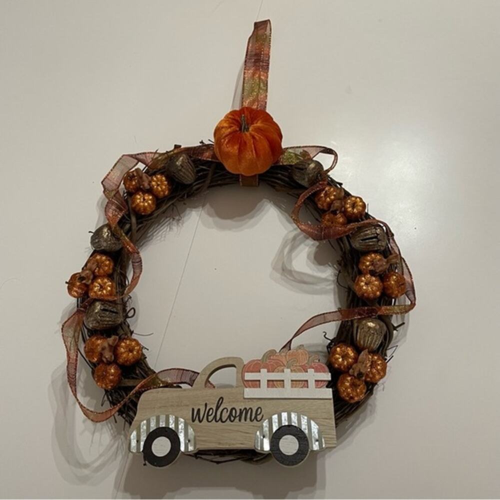 Handmade Pumpkin Truck Wreath 13" Fall Welcome Decor